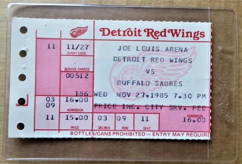 Red Wings  ticket stub vs Buffalo Sabres Nov 27, 1985  -  JLA - Wings Win Cover