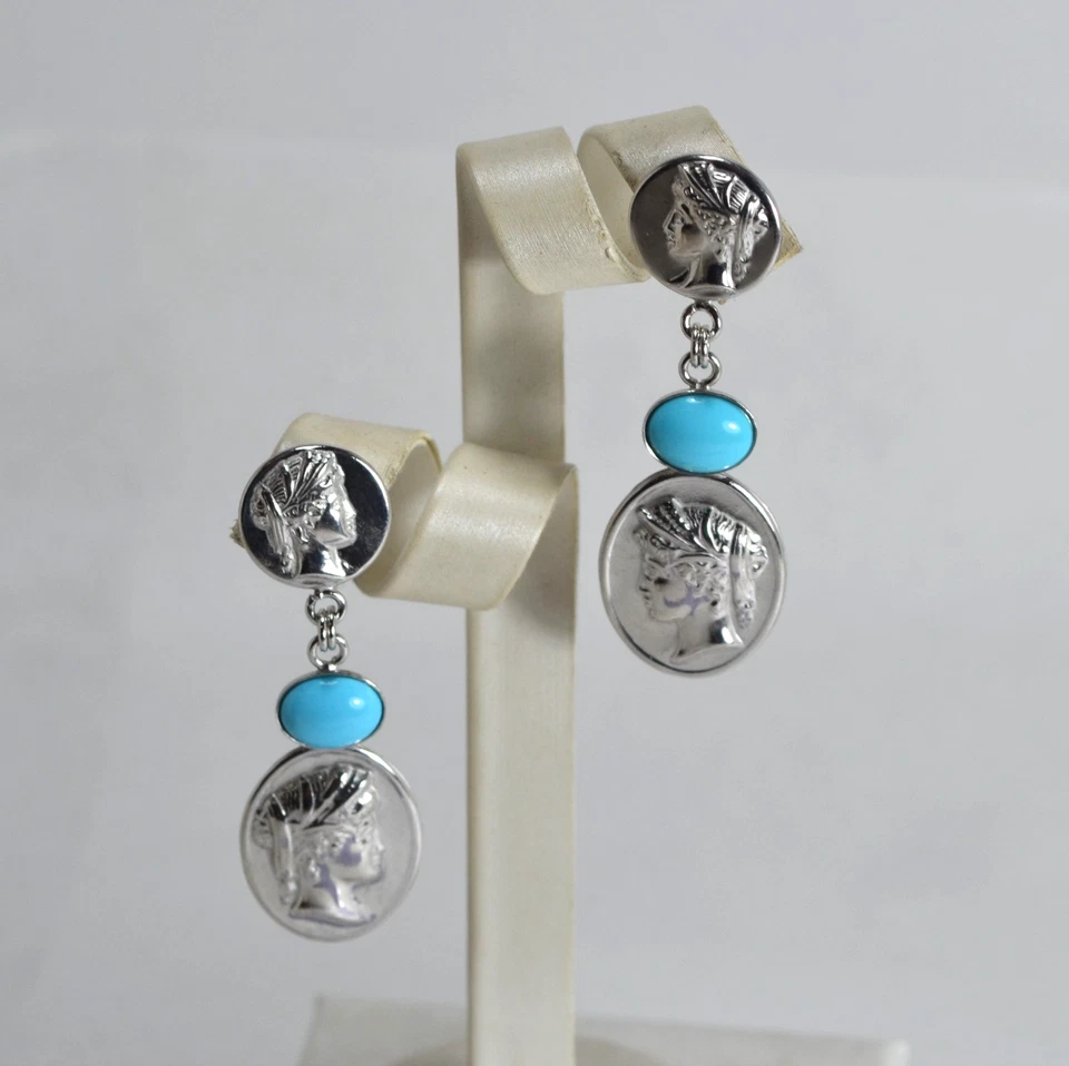 ORECCHINI  ARGENTO 925 RODIATO TURCHESE NATURALE  CABOCHON MEDAGLIE   AGHT 0983 - Immagine 1 di 3