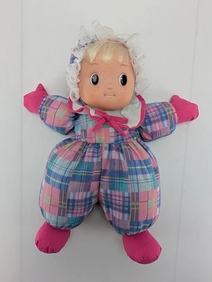 Muñeca de peluche Uneeda cara de goma pelo rubio pecas a cuadros rosa 13" vintage Foto 1 de 4