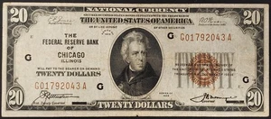1929 $20 Nat'l Currency, Federal Reserve Bank of Chicago! Fr# 1870-G. G01792043A - Picture 1 of 4