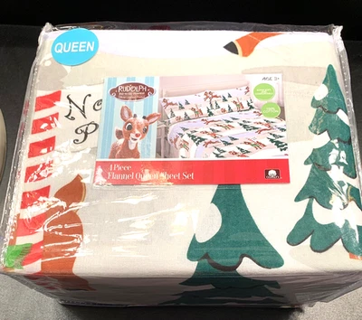 Rudolph El Reno Nariz Roja Navidad Algodón Franela 4 Piezas JUEGO DE SÁBANAS REINA Nuevo Foto 1 de 4