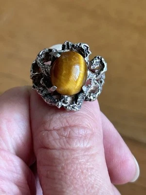 ANILLO OJO DE TIGRE BRUTALISTA PEPITA GRUESO MODERNISTA PLATA LLAMATIVO AUDAZ TALLA 5.5 MOD Foto 1 de 4