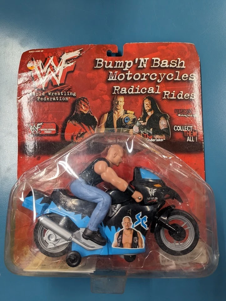 Figura Steve Austin WWF Bump N Bash Motocicleta Paseos Radicales Stone Cold NUEVO EN PAQUETE NUEVO Foto 1 de 2