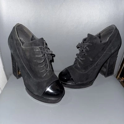 Chanel Black  Suede and Leather Cap Toe Platform 120mm Ankle Boots Size 36  - Image 1 of 4