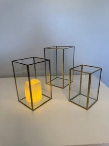 Hewory Hurricane Candle Holders - Set Of 3 - Glass With Gold Framing Home Decor - Picture 1 of 7