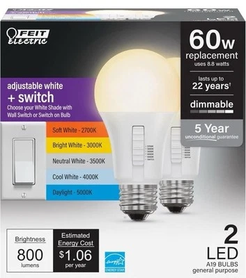 2 Feit A19 E26 (Medium) LED Motion Activated Bulbs Tunable Color Changing 60Watt - Image 1 of 4