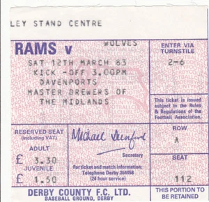 1982/83 DERBY COUNTY V WOLVERHAMPTON WANDERERS 12-03-1983 DIVISION 2 TICKET - Picture 1 of 1