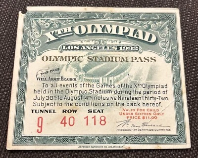 Rare 1932 Olympic Olympic Stadium Pass Ticket Los Angeles Olympiad All Events - Image 1 of 2