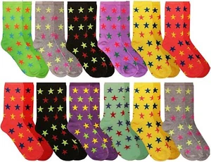 12 Pairs of Stars Print Womens Casual Crew Socks, Cotton Colorful Fun Patterns - Picture 1 of 2