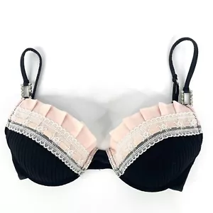 Pleasure State Bra Size 10C Black Peach Lace Trim Rhinestone Silk Blend - Picture 1 of 9