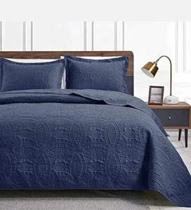 Love's cabin King Size Quilt Set Navy Blue Bedspreads - Soft Bed Summer Quilt - Picture 1 of 7