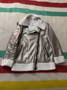 Women’s Gap Metallic Silver Gold Sherpa Biker Jacket Size Small Soft Astro Biker - Picture 1 of 21