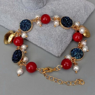 Pearl Blue Titanium Druzy Red Coral Charm Bracelet Women Wedding Party Gift - Image 1 of 4