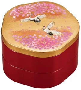 Jubako Bento Box Blumenform Sakura Kran Yamanaka Lackwaren Japan 2 Lagen - Bild 1 von 2