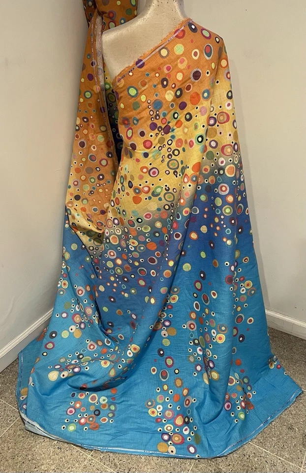 Tecido de linho estampado multicolorido amarelo pêssego azul 56” largura vendido por jarda - Imagem 1 de 4