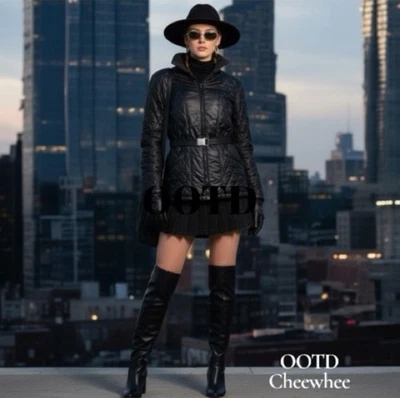 Chaqueta para mujer talla mediana Rainbow West negra acolchada acolchada acolchada con cinturón cuello falso Foto 1 de 4