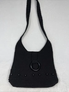 Black Macrame Crochet Lined Shoulder Bag Purse Beaded Boho Cottagecore 10.5"x9" - Picture 1 of 20