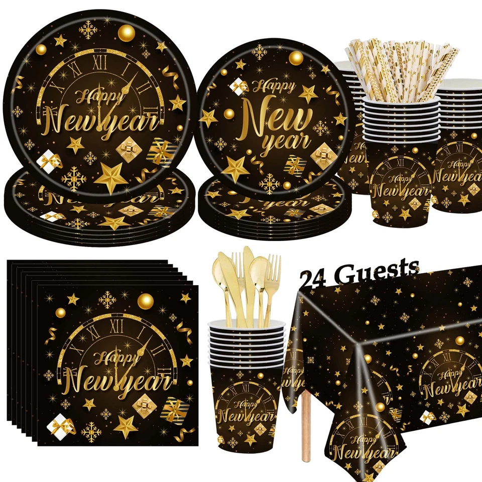 Platos y Servilletas Desechables Año Nuevo, 193 Piezas Feliz Año Nuevo Desechables Ta... Foto 1 de 4
