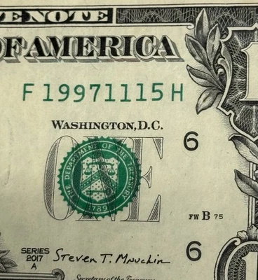 November 15, 1997 Birthday Note Fancy Serial Number One Dollar Bill 19971115 - Image 1 of 3