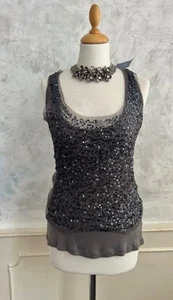 NEW+TAGS-RED HERRING Charcoal Grey Sequin Two Layer Camisole Vest Top 10 RRP £22 - Picture 1 of 4