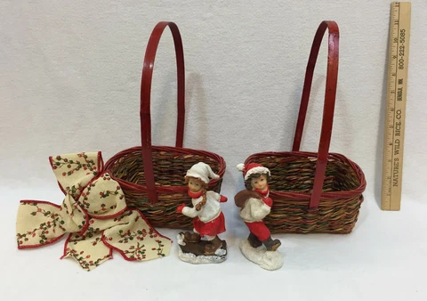 Baskets Woven Wicker Wood Red Green w/ Bow & 2 Figurines Lot 5 Skating Outdoor Cover