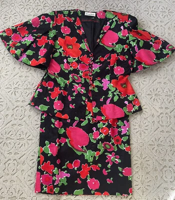 Impresionante conjunto de cóctel floral rosa negro Pauline Trigere vintage años 80 Foto 1 de 4