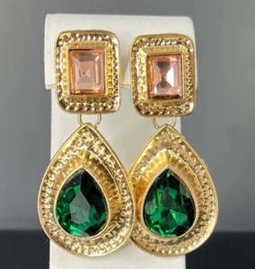 Etruscan Gold Tone Earrings Rhinestones Green Pink Teardrop Pierced Dangle - Picture 1 of 9