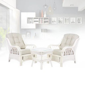 Natural Rattan Handmade Set of 2 Alexa Living Chairs Square Coffee Table,White - Picture 1 of 12