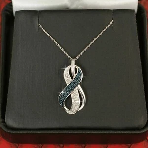 10K White Gold Fancy Infinity Blue Diamonds Ladies Necklace - Picture 1 of 2