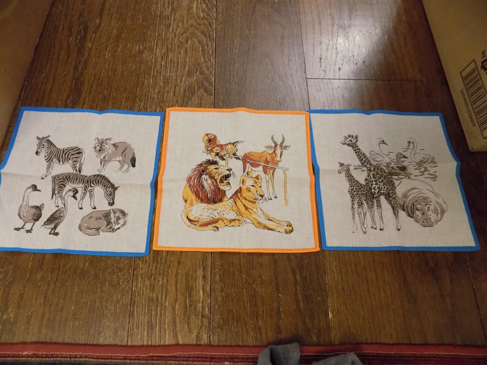Vtg Lot Lion Giraffe Elephant Hippo Zebra Swan Birds Jungle Handkerchief Squares - Image 1 of 4