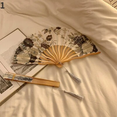 1X Portable Chinese Floral Ink Painting Bamboo Fan Fringe Ethnic Dance Prop Gift - Image 1 of 4