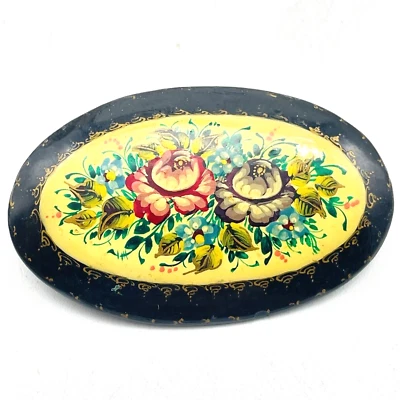 Hand Painted Floral Brooch Oval Black And Yellow Vintage Folk Art Style - Image 1 of 4