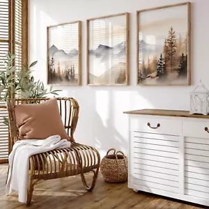 Neutral Mountain Wall Art Decor Set of 3 Forest Canvas Wall Art Poster Landscape - Picture 1 of 12