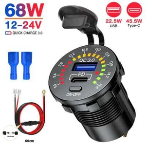 Doppia presa di ricarica USB voltmetro QC3.0 tipo C USB caricatore rapido per auto 12V/24V - Foto 1 di 14
