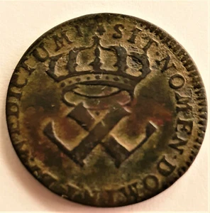 FRENCH COLONIES- 9 DENIERS 1721 H LA ROCHELLE- BEAUTIFUL BROWN-GREENISH PATINA - Picture 1 of 2