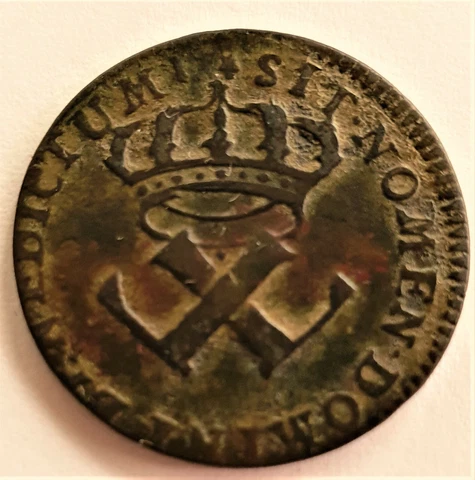 FRENCH COLONIES- 9 DENIERS 1721 H LA ROCHELLE- BEAUTIFUL BROWN-GREENISH PATINA Cover