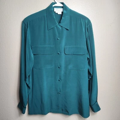 Blusa utilitaria Doncaster Silks para mujer vintage 100 % seda verde esmeralda-talla 4 Foto 1 de 4