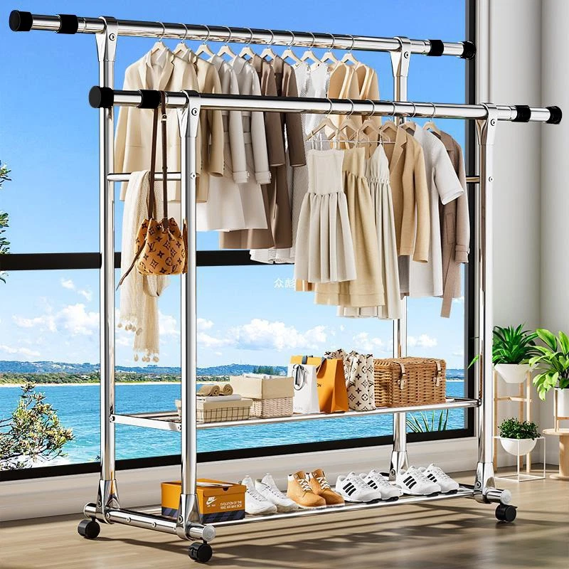 Perchero organizador de ropa enrollable de alta resistencia rieles dobles colgantes Foto 1 de 4