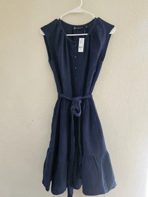 New York & Company Dress Womens Small Navy Blue Button Front Waist Tie Midi - Image 1 of 4