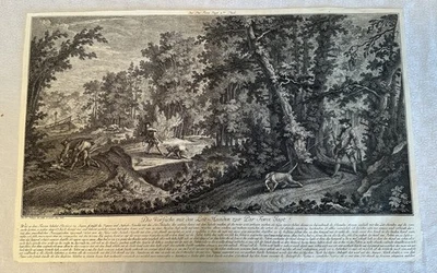 Ridinger Kupferstich „Die Vorsuche mit den Leit=Hunden zur Par Force" 1756 31x48 - Bild 1 von 4