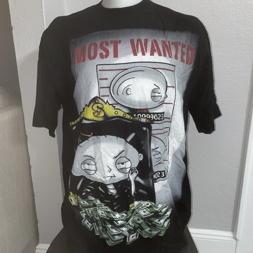 Camiseta Hip Hop Vintage Y2K Para Hombres XL Negra Padre de Familia, Stewie Scarface "MÁS BUSCADO" Foto 1 de 4