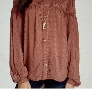 Free People Blouse Dusty Rose Women’s Large Cottagecore Swiss Dot Crochet - Picture 1 of 16