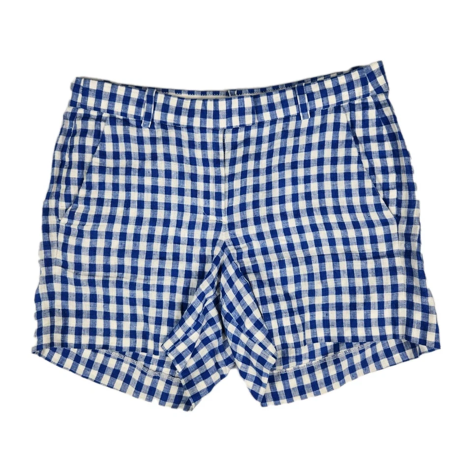 Shorts J.Crew Feminino Tamanho 2 Azul Branco Xadrez 100% Linho Leve - Imagem 1 de 4