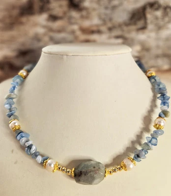 Aquamarine Chip Beads And Pearls With Aquamarine Pendant Necklace Or Choker  - Image 1 of 4