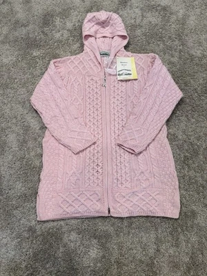 全新 Aran Crafts 女式 M 毛衣外套 连帽外套 美利奴羊毛 爱尔兰 粉红色 — 第 1/4 张图片