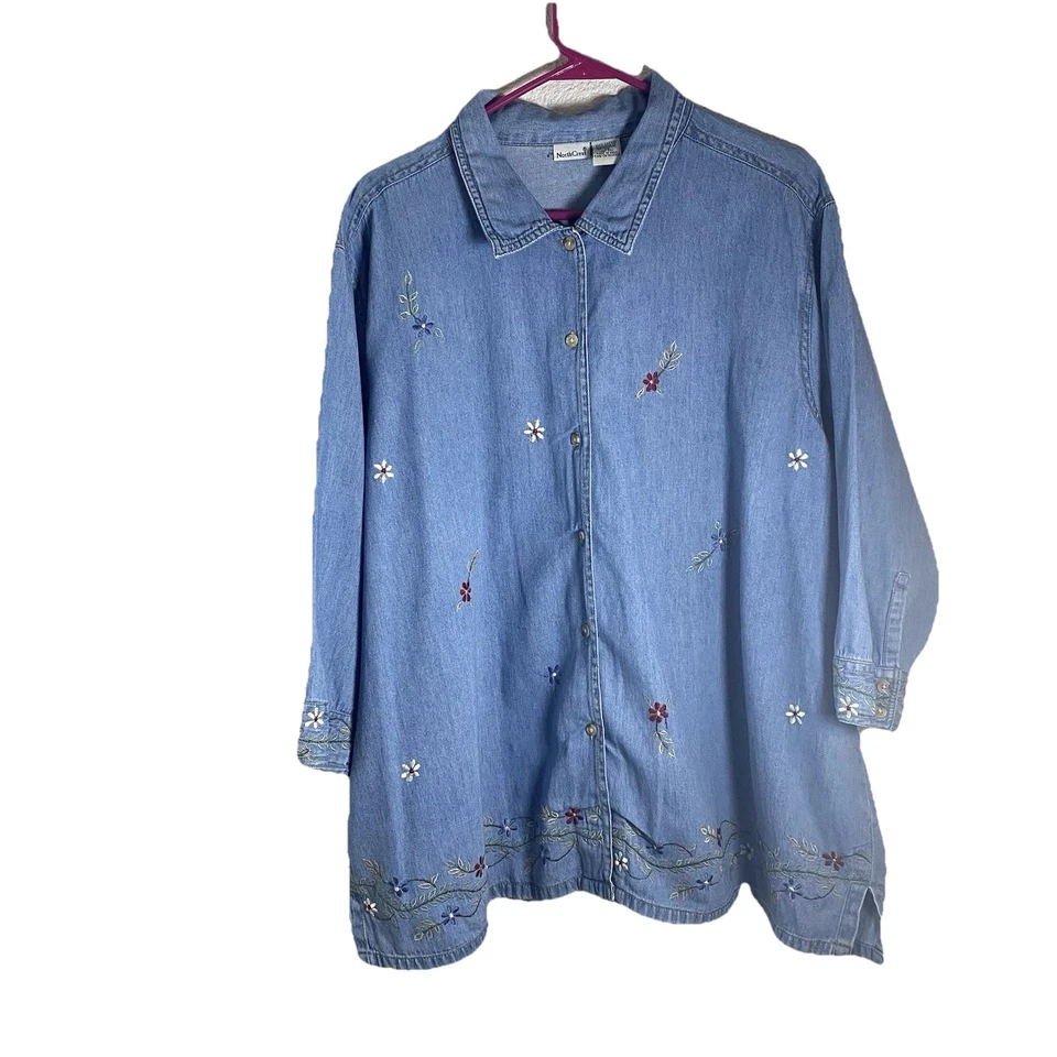Top vintage Northcrest para mujer azul denim bordado floral talla grande 3X Foto 1 de 4