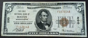 1929 $5 El primer Banco Nacional de Boston Massachusetts F107614A - Imagen 1 de 6