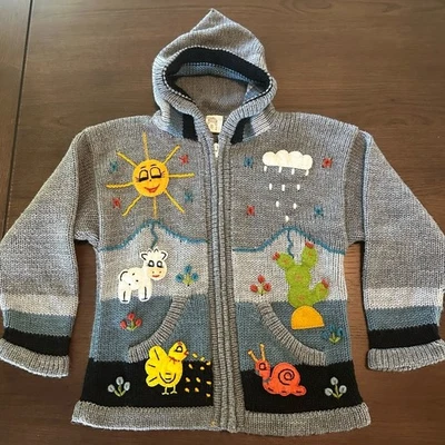 Peruvian Wool Children’s Jacket, Sweater, Gray, Embroidery, Artsy, Vintage, 8 - Image 1 of 4