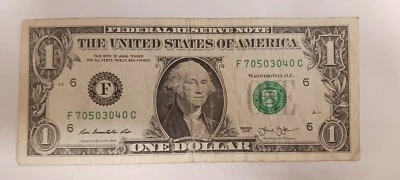 $1 Bill Fancy Serial Numbers Alternator 0s District Atlanta F-C SERIES 2013 - Image 1 of 4