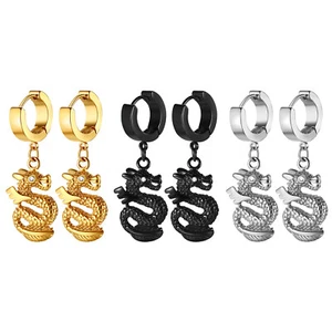 2pcs Gothic Punk Dragon Earrings Men Women Boys Stainless Steel Hoop Dangle Stud - Picture 1 of 19